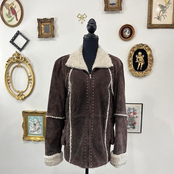 Vintage Y2K Bernardo Brown Suede Shearling Jacket with Stud Detail - Picture 1 of 6